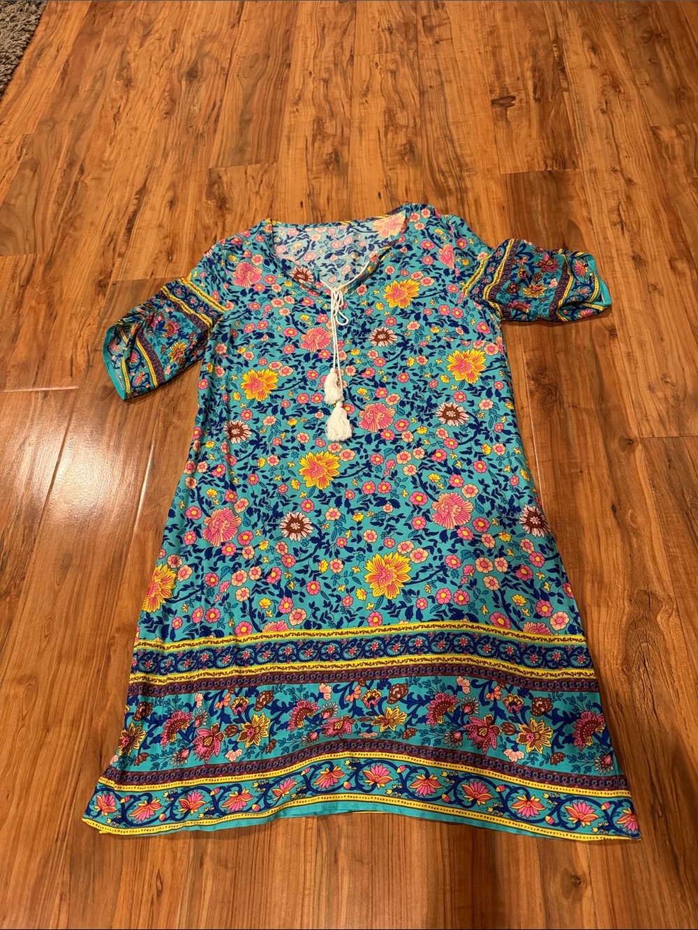 Boho Floral Tassel Tunic Mini Dress - Turquoise ladies small